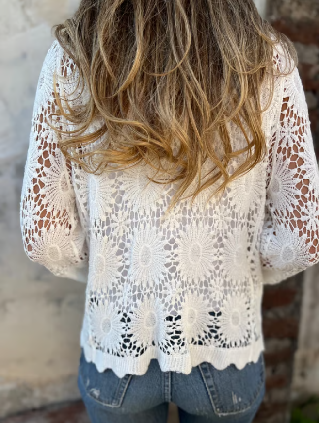 Women’s Embroidered Cutout V-Neck Button Long Sleeve Top