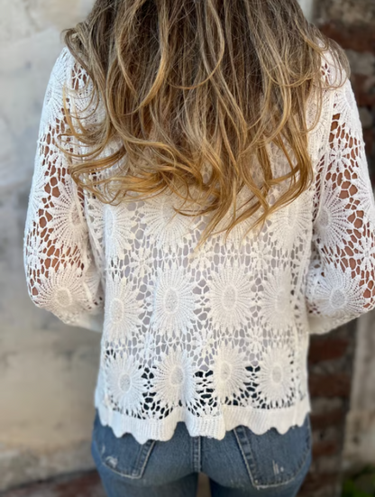 Women’s Embroidered Cutout V-Neck Button Long Sleeve Top
