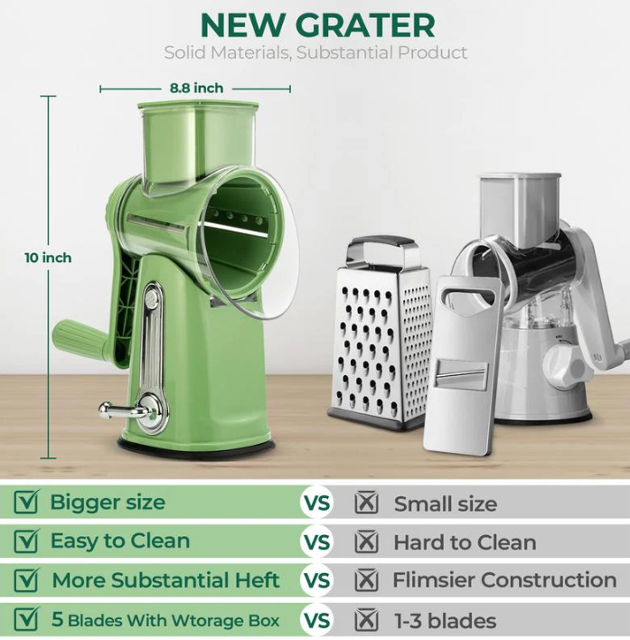 5-in-1 Rotary Vegetable Slicer & Cheese Grater With Suction Base