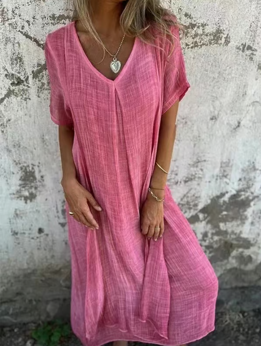 Women’s Breathable Cotton Linen V-Neck Midi Dress
