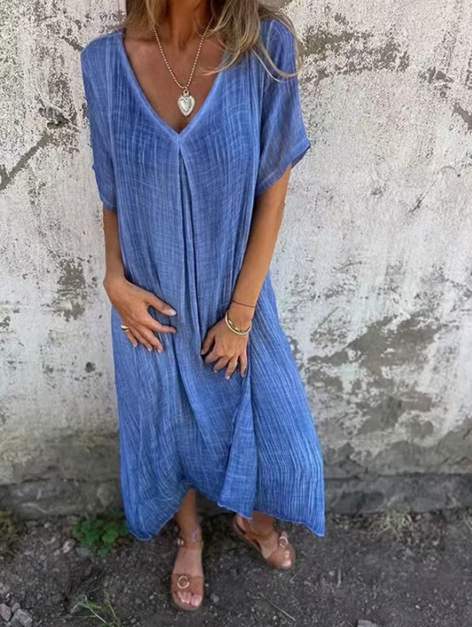 Women’s Breathable Cotton Linen V-Neck Midi Dress