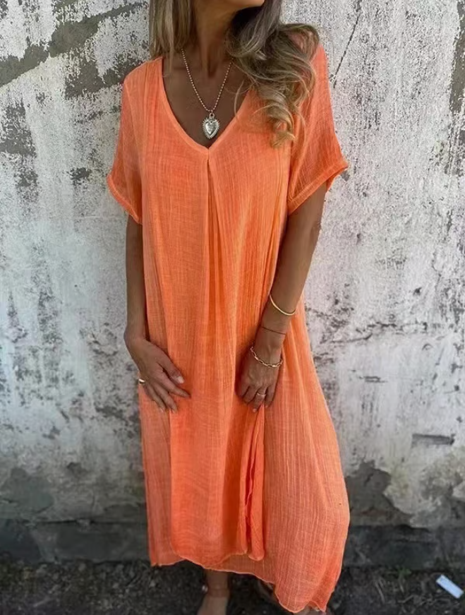 Women’s Breathable Cotton Linen V-Neck Midi Dress