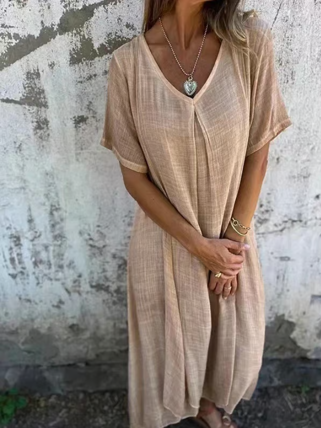 Women’s Breathable Cotton Linen V-Neck Midi Dress