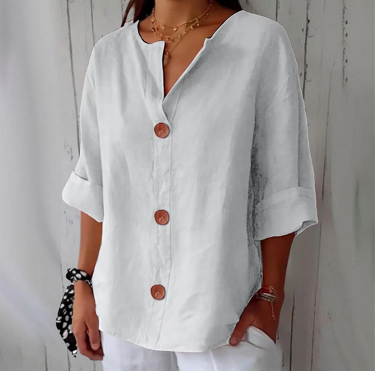 Women’s Breathable Cotton-Linen V-Neck Button Shirt