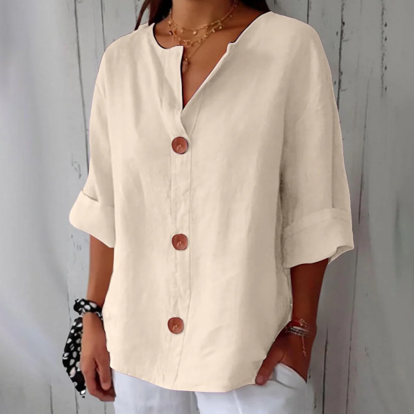 Women’s Breathable Cotton-Linen V-Neck Button Shirt