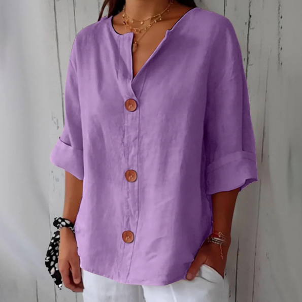 Women’s Breathable Cotton-Linen V-Neck Button Shirt