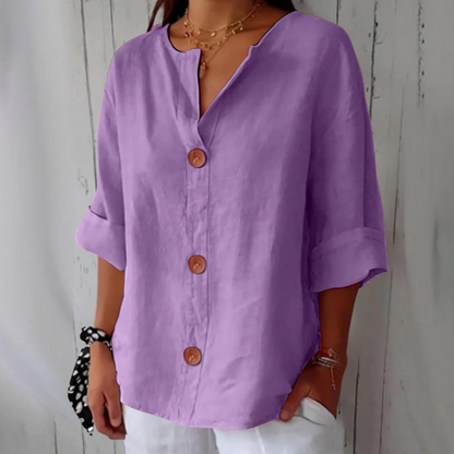 Women’s Breathable Cotton-Linen V-Neck Button Shirt