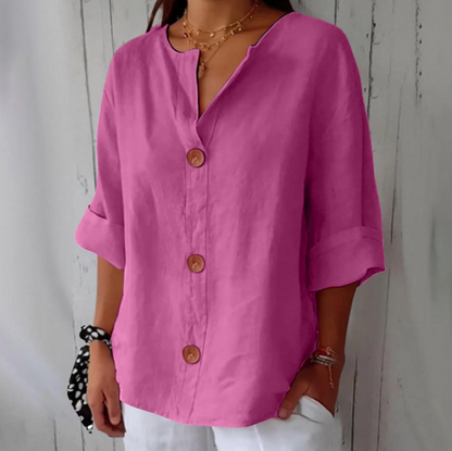 Women’s Breathable Cotton-Linen V-Neck Button Shirt