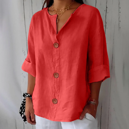 Women’s Breathable Cotton-Linen V-Neck Button Shirt