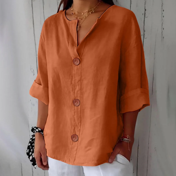 Women’s Breathable Cotton-Linen V-Neck Button Shirt