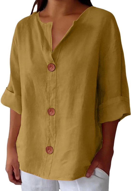 Women’s Breathable Cotton-Linen V-Neck Button Shirt