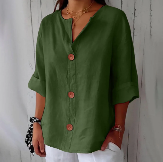 Women’s Breathable Cotton-Linen V-Neck Button Shirt