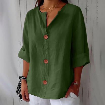 Women’s Breathable Cotton-Linen V-Neck Button Shirt