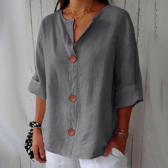 Women’s Breathable Cotton-Linen V-Neck Button Shirt