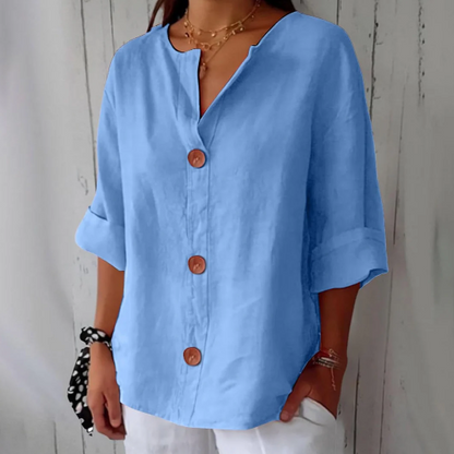Women’s Breathable Cotton-Linen V-Neck Button Shirt
