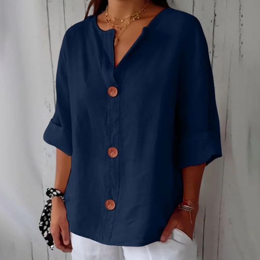 Women’s Breathable Cotton-Linen V-Neck Button Shirt