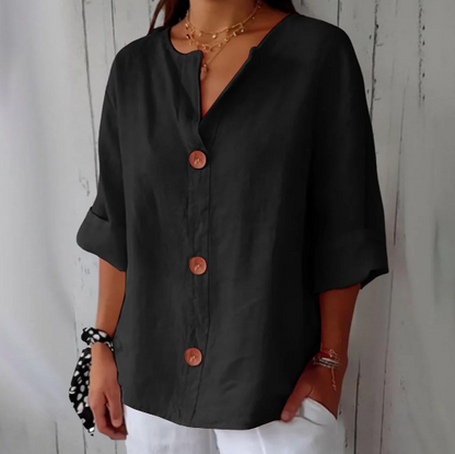 Women’s Breathable Cotton-Linen V-Neck Button Shirt