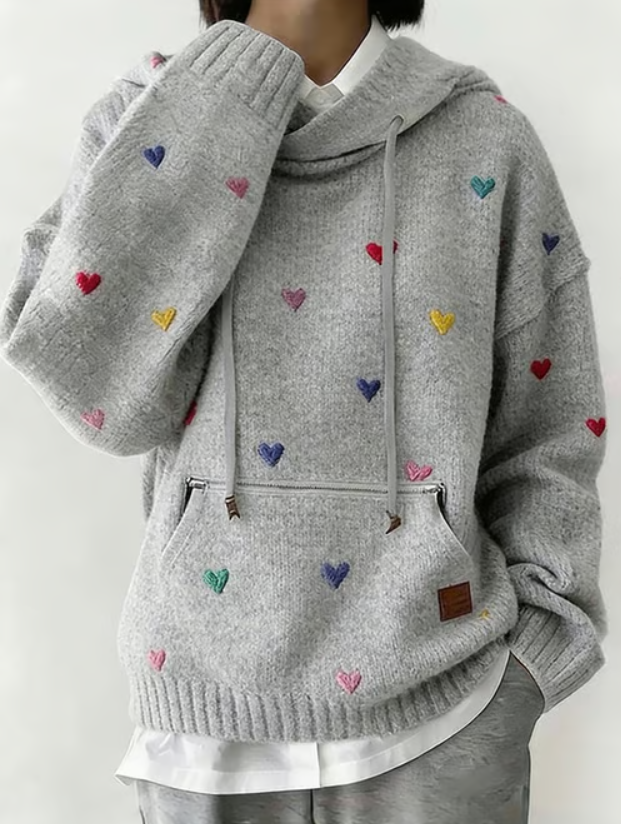 Women’s Heart Pattern Relaxed Hooded Knit Jumper
