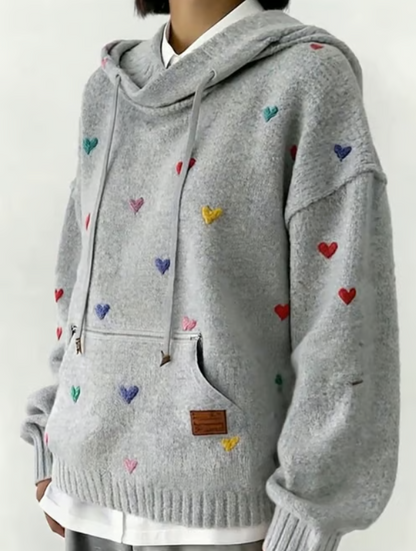 Women’s Heart Pattern Relaxed Hooded Knit Jumper