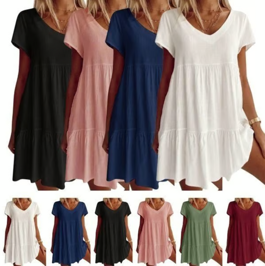 Women’s Relaxed V-Neck Short Sleeve Tiered Dress