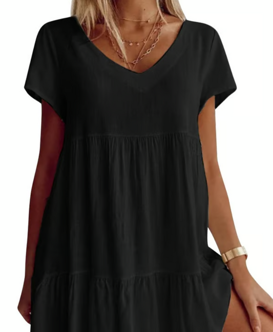 Women’s Relaxed V-Neck Short Sleeve Tiered Dress
