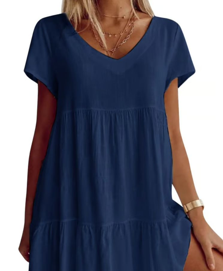 Women’s Relaxed V-Neck Short Sleeve Tiered Dress