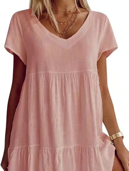 Women’s Relaxed V-Neck Short Sleeve Tiered Dress
