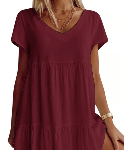 Women’s Relaxed V-Neck Short Sleeve Tiered Dress