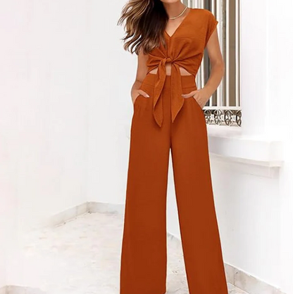 Women’s Tie-Front V-Neck Top & Wide-Leg Trouser Set