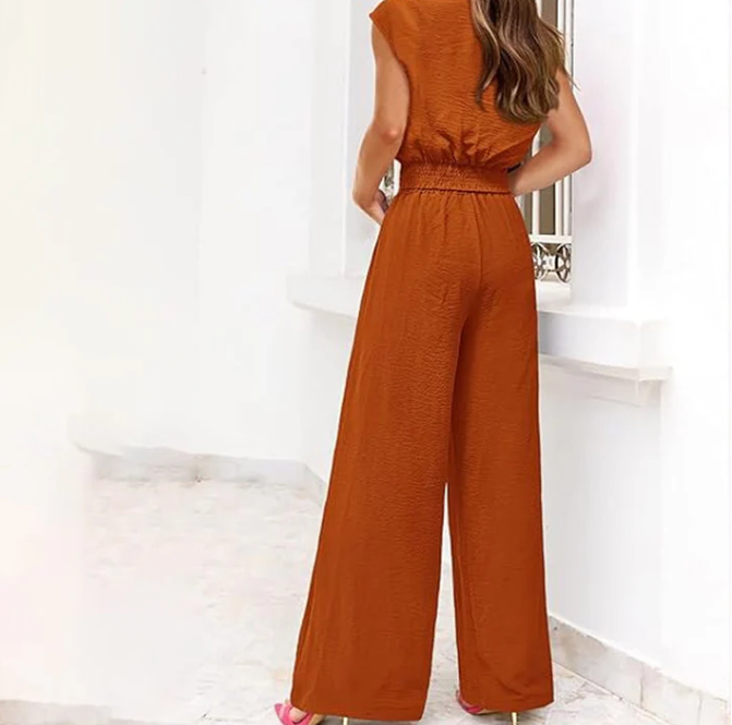 Women’s Tie-Front V-Neck Top & Wide-Leg Trouser Set