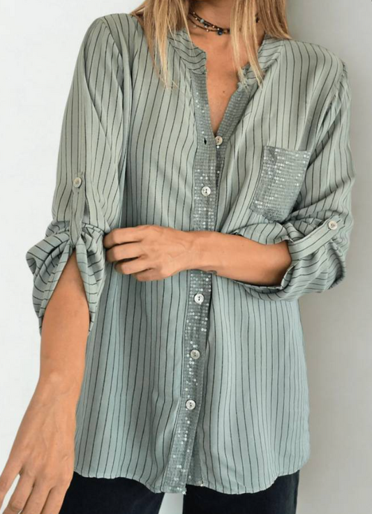 Women’s Casual Striped Sequin Pocket Shirt