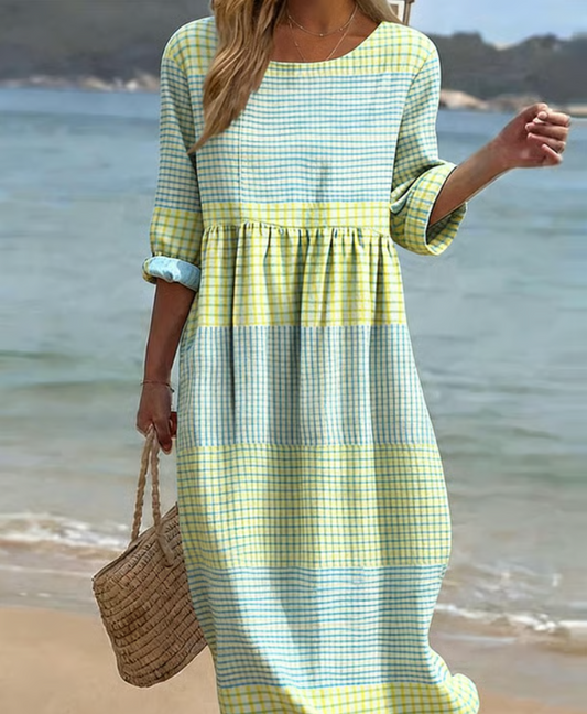 Women’s Relaxed Check Pattern Cotton Linen Midi Dress