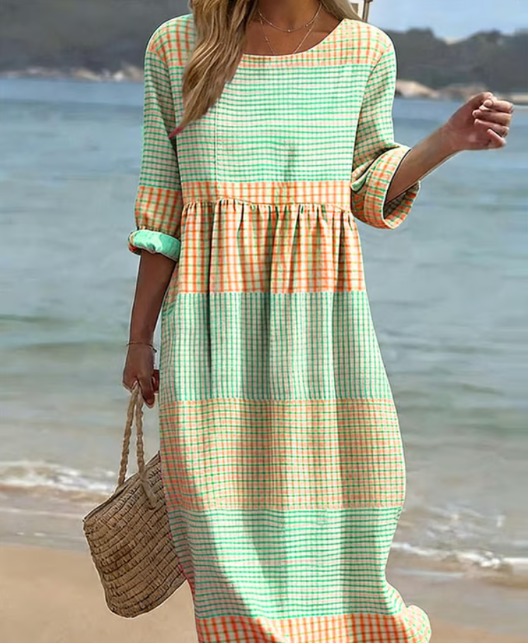 Women’s Relaxed Check Pattern Cotton Linen Midi Dress