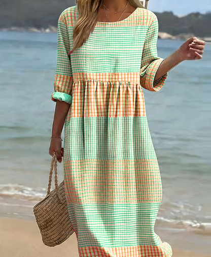 Women’s Relaxed Check Pattern Cotton Linen Midi Dress