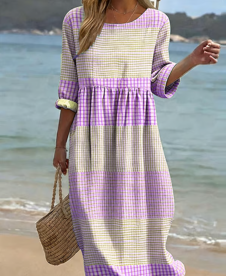 Women’s Relaxed Check Pattern Cotton Linen Midi Dress