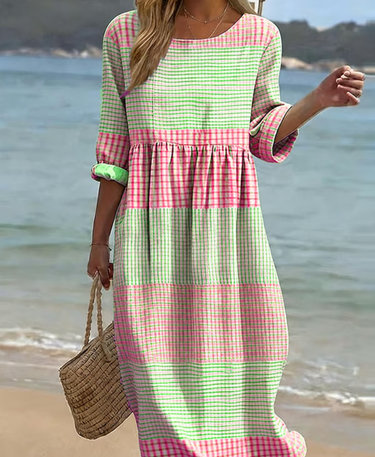 Women’s Relaxed Check Pattern Cotton Linen Midi Dress