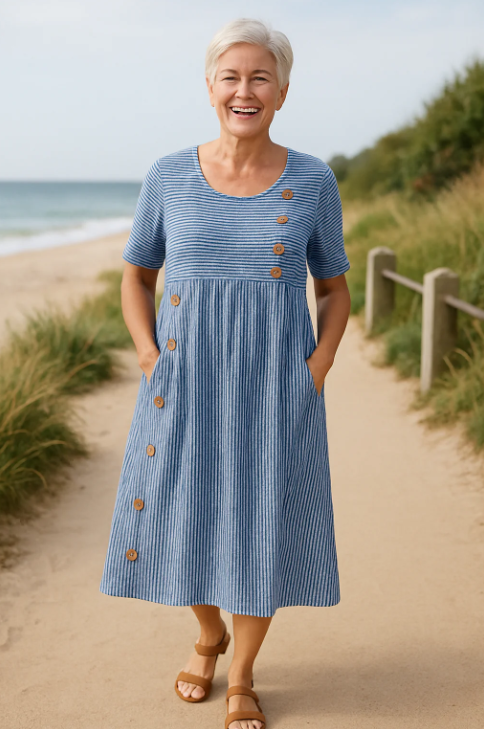 Women’s Striped A-Line Midi Button Dress