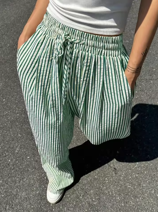 Women’s High-Waist Striped Drawstring Wide-Leg Trousers