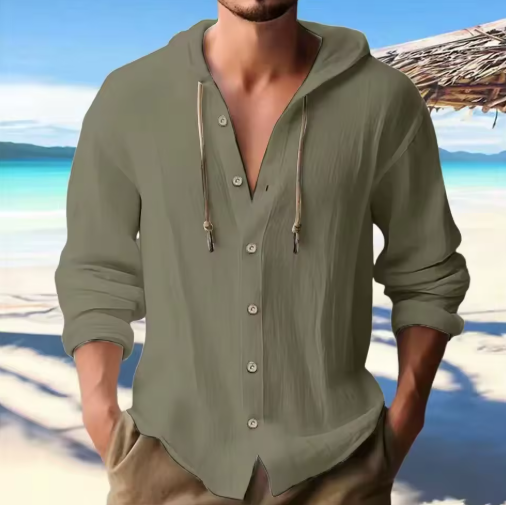 Men’s Lightweight Linen Hooded Button Shirt