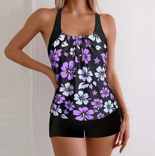 Women's Printed Tankini Top and Swim Shorts Set
