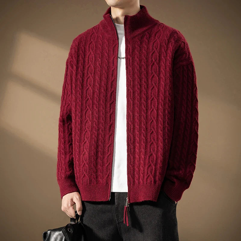 Men's Plush Cable-Knit Zip-Up Cardigan