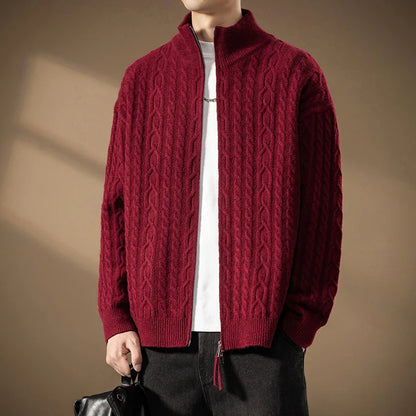Men's Plush Cable-Knit Zip-Up Cardigan