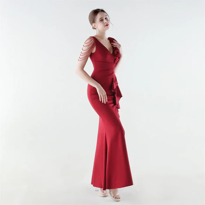 Burgundy V-Neck Statement Occasion Dress