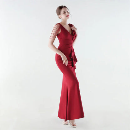 Burgundy V-Neck Statement Occasion Dress