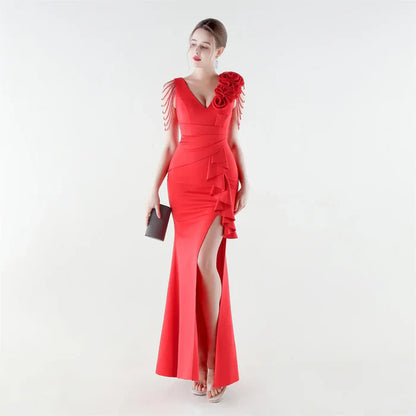 Burgundy V-Neck Statement Occasion Dress