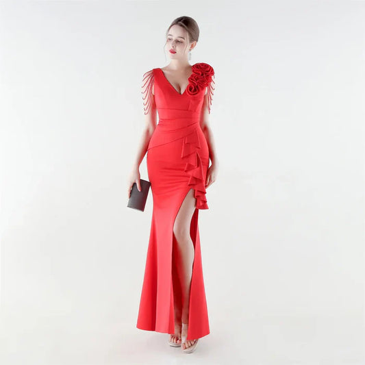 Burgundy V-Neck Statement Occasion Dress