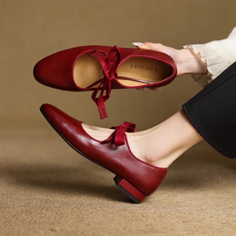 Women’s Lace-Up Leather Ballet Flats with Low Square Heel