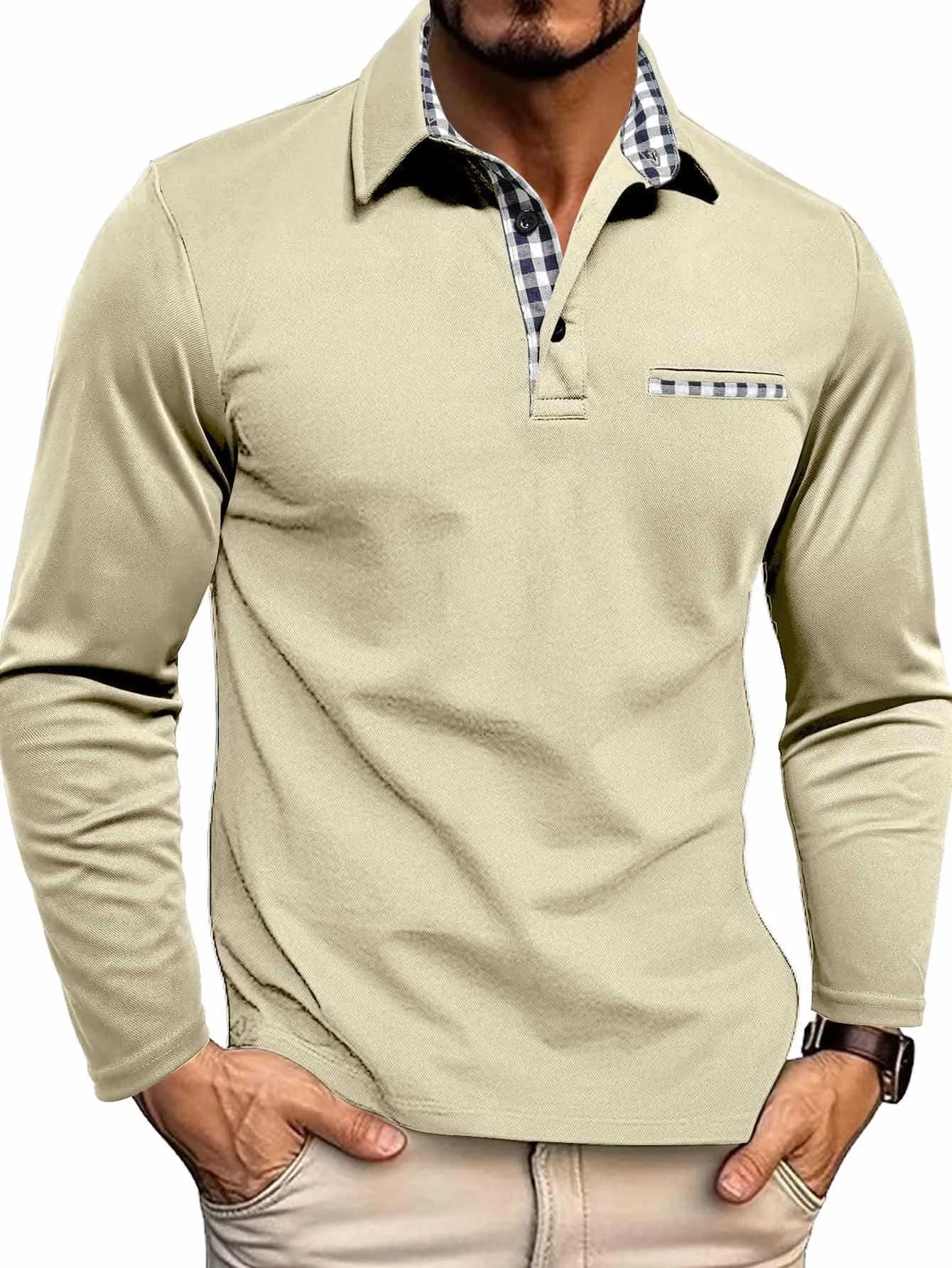 Men’s Contrast-Detail Slim Fit Long Sleeve Polo Shirt