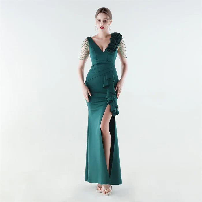 Burgundy V-Neck Statement Occasion Dress