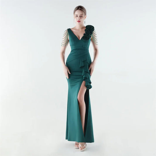 Burgundy V-Neck Statement Occasion Dress